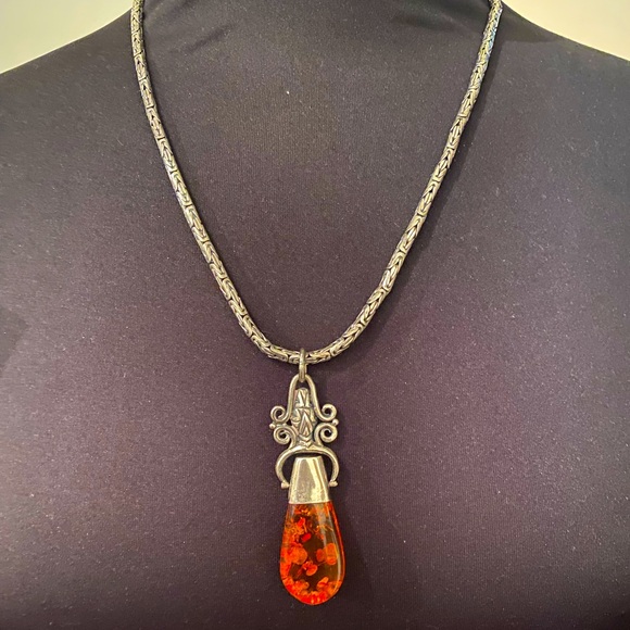 Vintage Turkish Sterling Silver and Amber Necklace - Picture 1 of 9